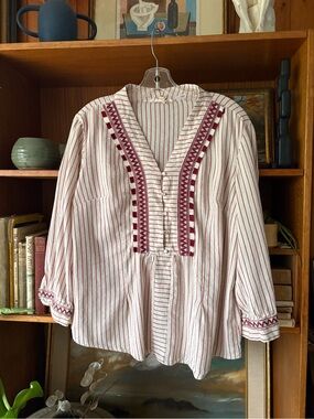 Boho Cream Red Stripe Cotton Blend Blouse L